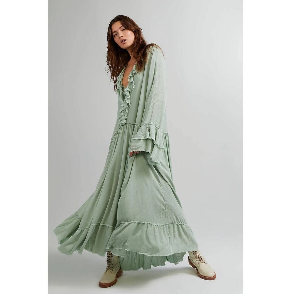 Free People Sweet Darlin Maxi Dress Sage Minted Jade Green Boho Ruffle Oversized - Picture 2 of 10